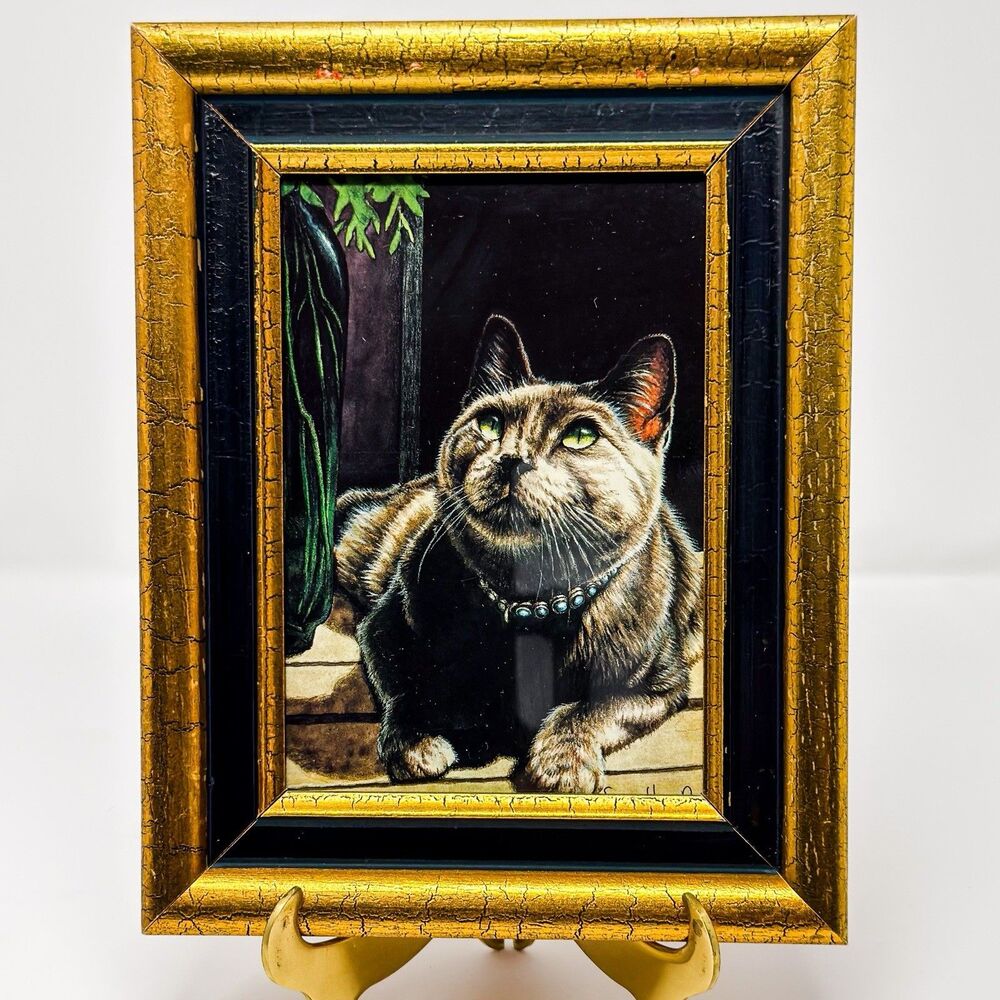 Vintage Sue Ellen Ross Cat Framed Print Green Eyes Cat Art Decor